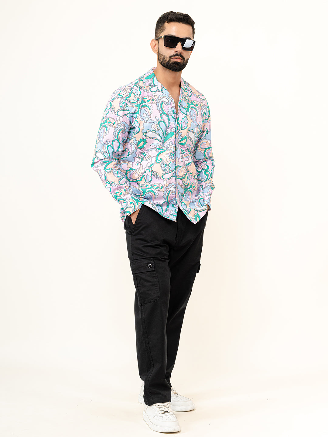 Multicolor Paisley Full Sleeves Cuban Collar Cotton Printed Shirt