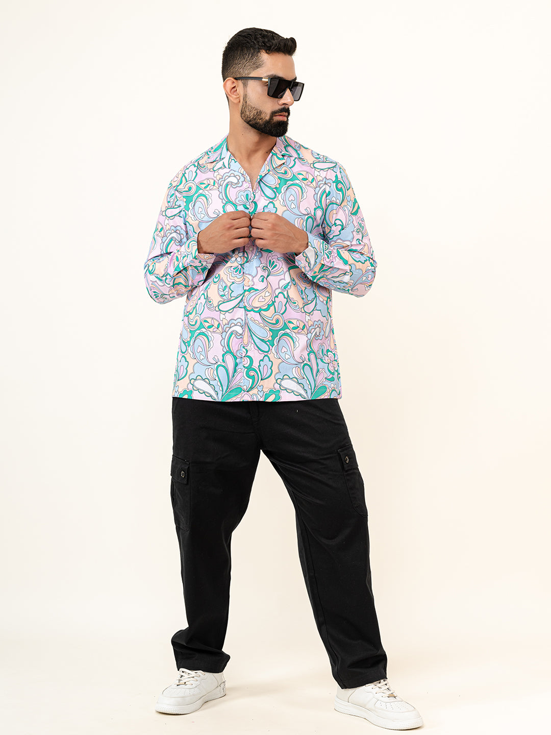 Multicolor Paisley Full Sleeves Cuban Collar Cotton Printed Shirt