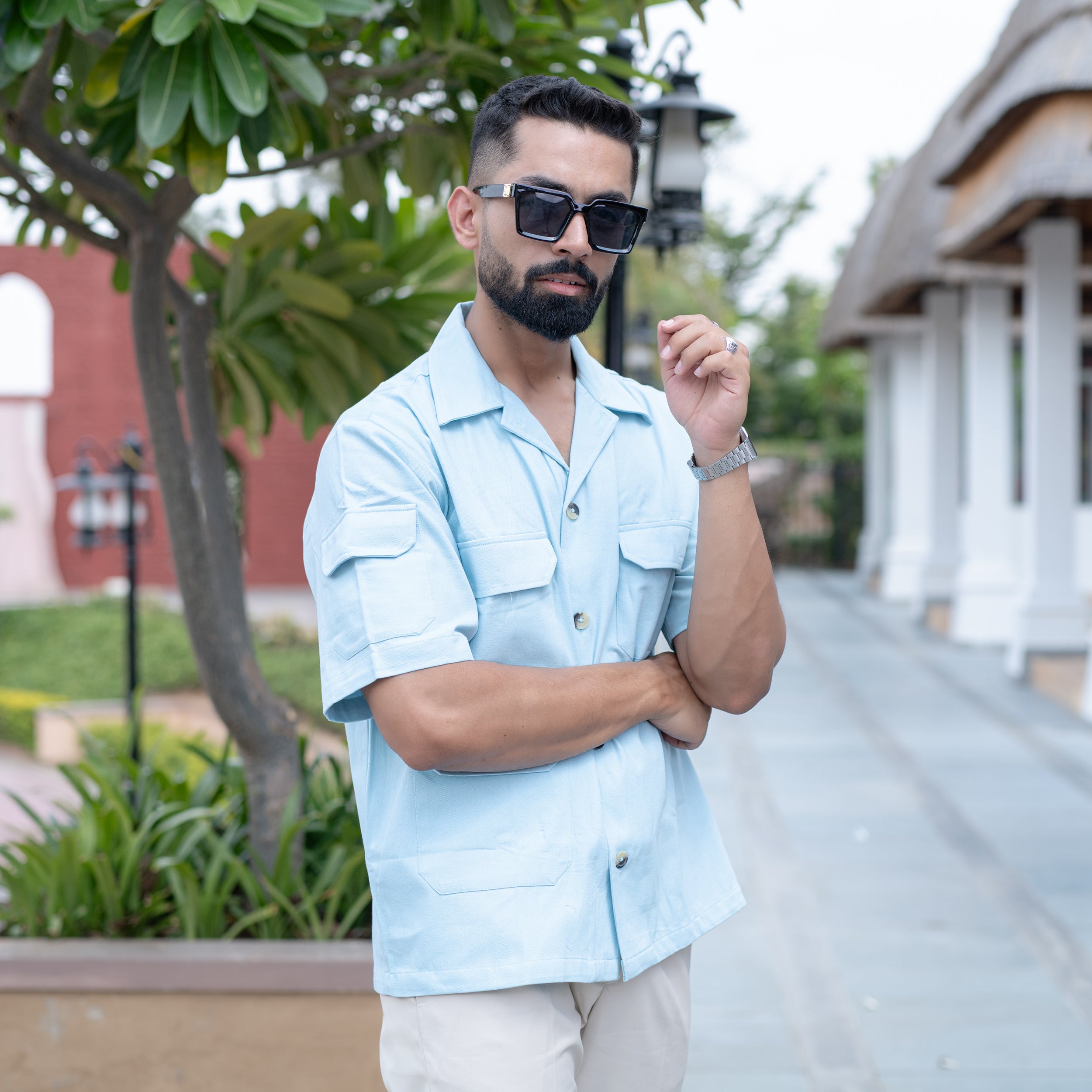 Powder Blue 4 Pockets Oversized Twill Cotton Half Sleeves Shirt