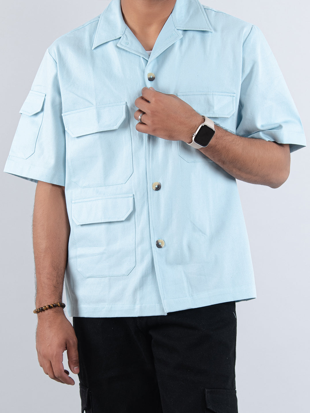 Powder Blue 4 Pockets Oversized Twill Cotton Half Sleeves Shirt