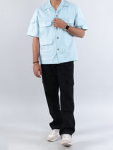 Powder Blue 4 Pockets Oversized Twill Cotton Half Sleeves Shirt