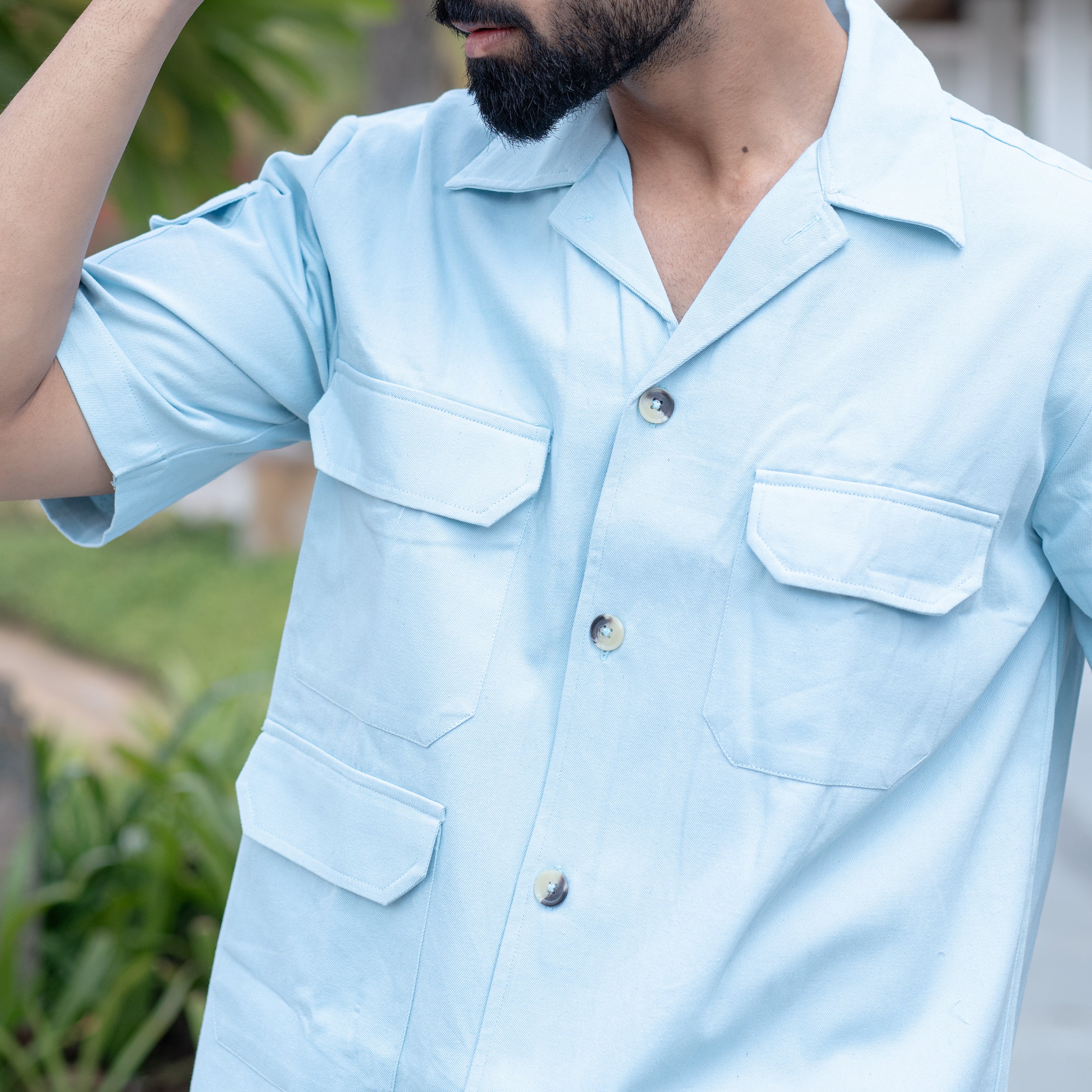 Powder Blue 4 Pockets Oversized Twill Cotton Half Sleeves Shirt