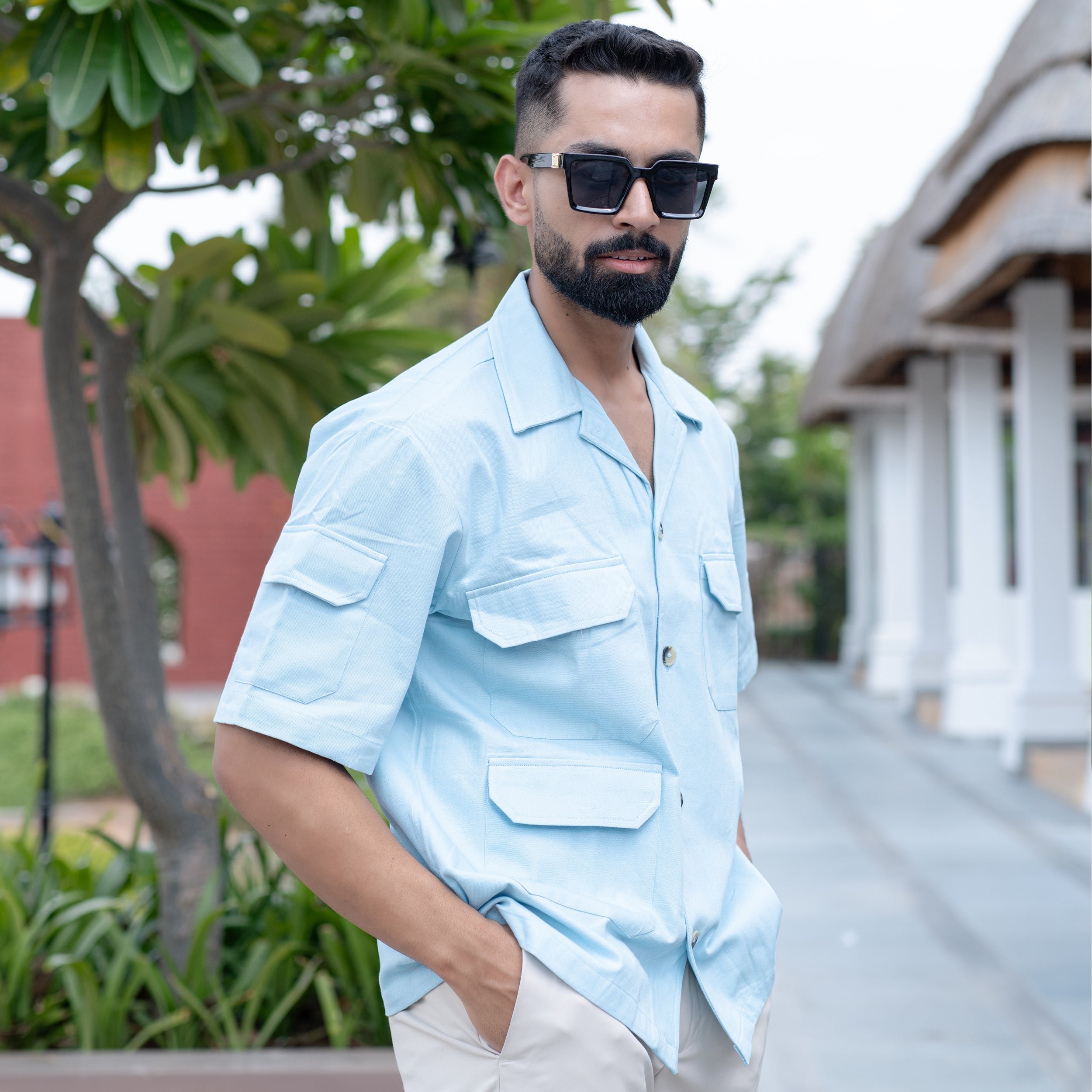 Powder Blue 4 Pockets Oversized Twill Cotton Half Sleeves Shirt