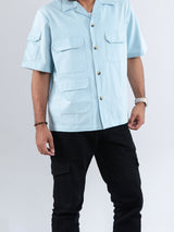 Powder Blue 4 Pockets Oversized Twill Cotton Half Sleeves Shirt