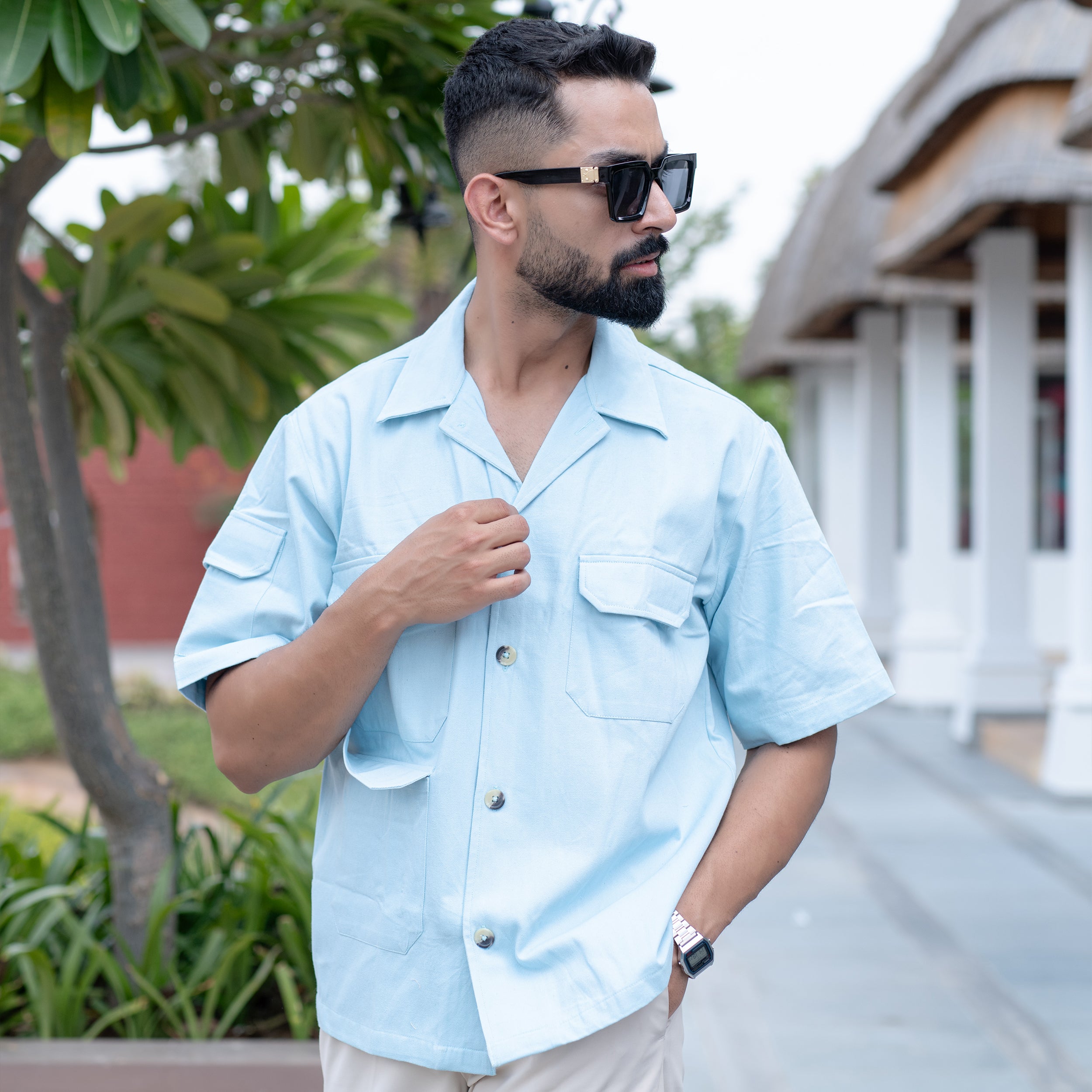 Powder Blue 4 Pockets Oversized Twill Cotton Half Sleeves Shirt