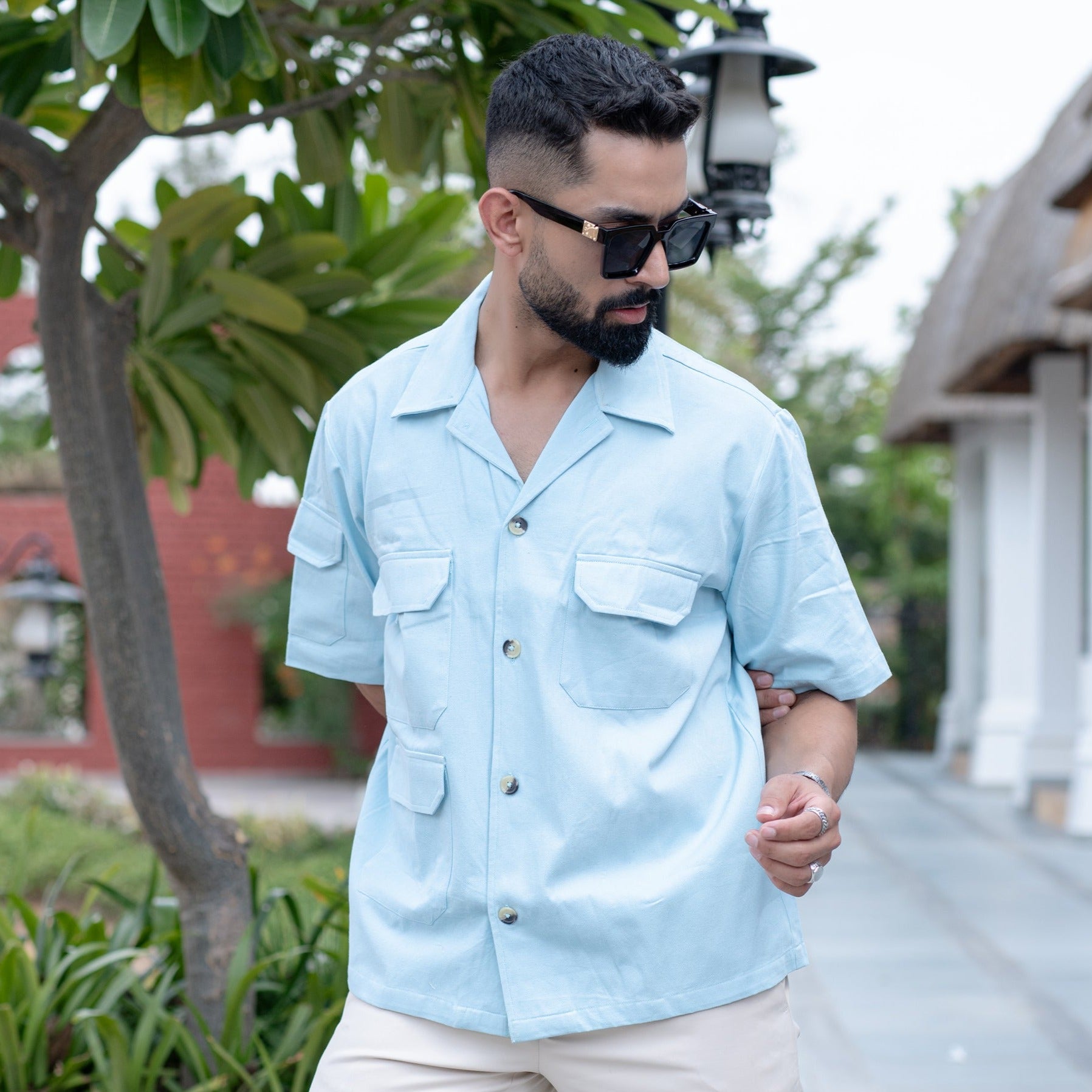 Powder Blue 4 Pockets Oversized Twill Cotton Half Sleeves Shirt