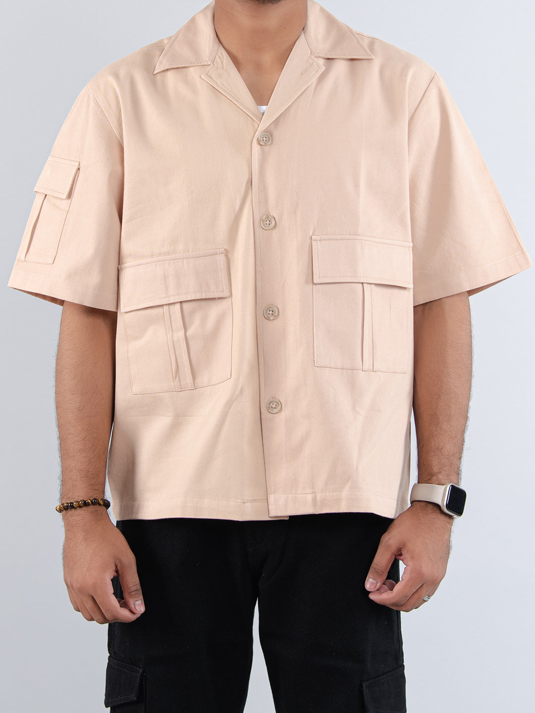 Cream 2 Pockets Oversized Twill Cotton Half Sleeves Shirt