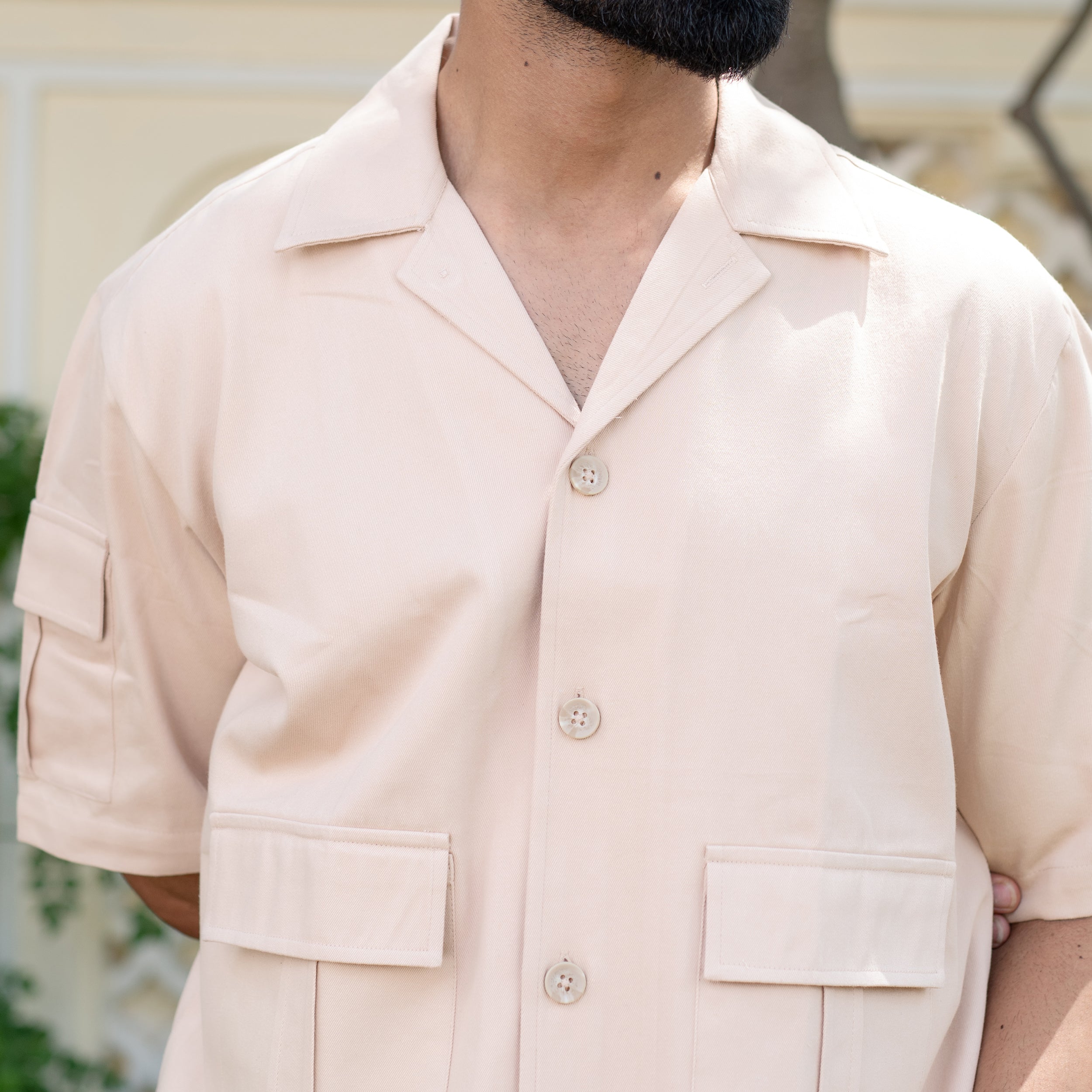 Cream 2 Pockets Oversized Twill Cotton Half Sleeves Shirt