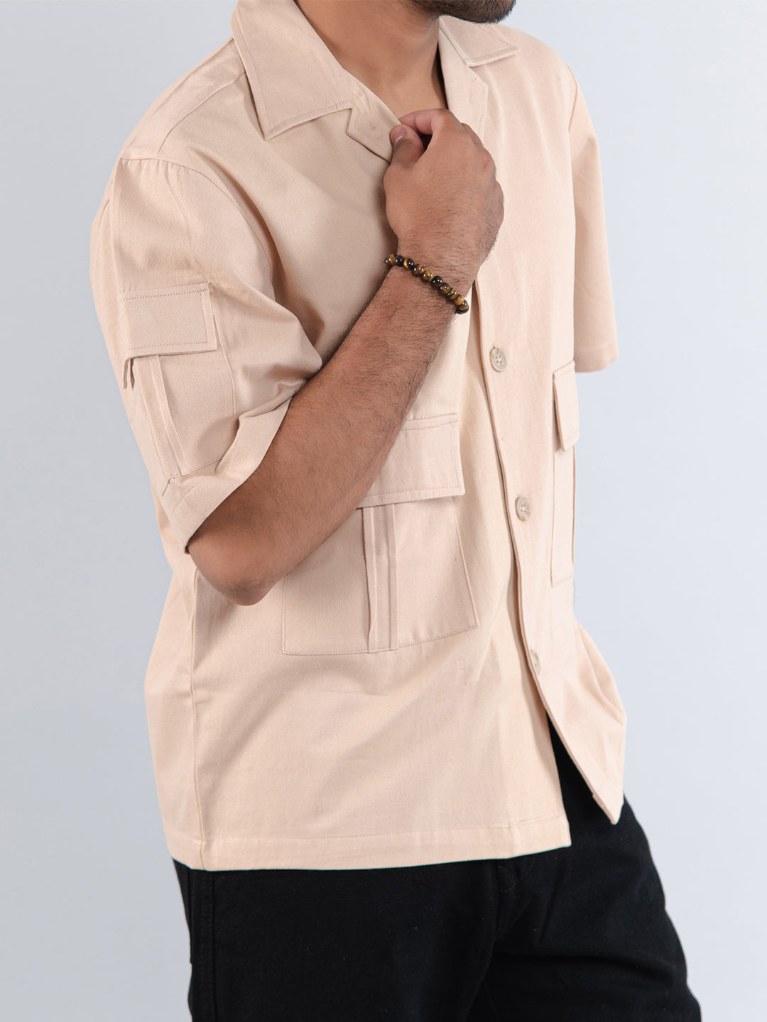 Cream 2 Pockets Oversized Twill Cotton Half Sleeves Shirt