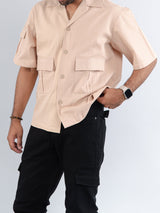 Cream 2 Pockets Oversized Twill Cotton Half Sleeves Shirt