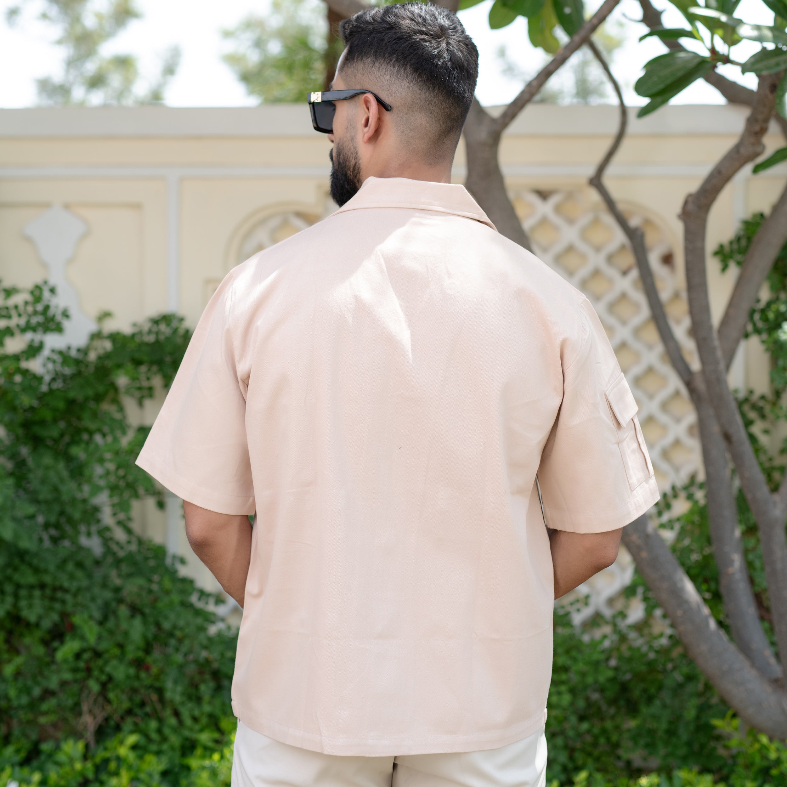 Cream 2 Pockets Oversized Twill Cotton Half Sleeves Shirt