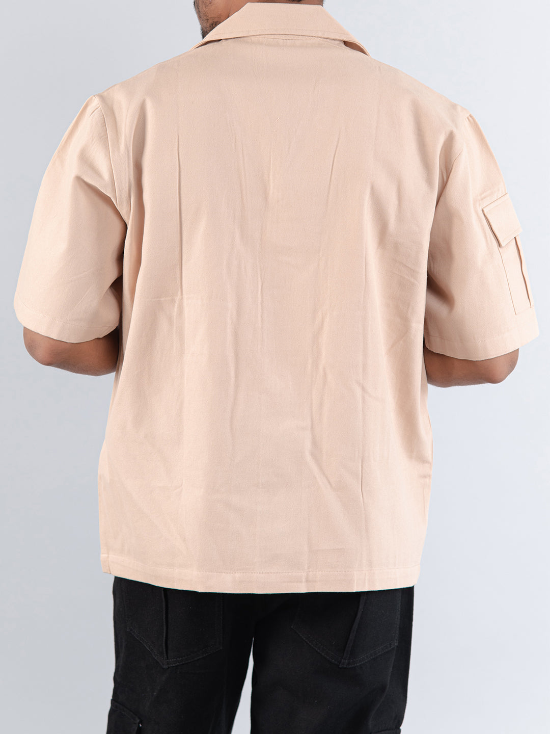 Cream 2 Pockets Oversized Twill Cotton Half Sleeves Shirt