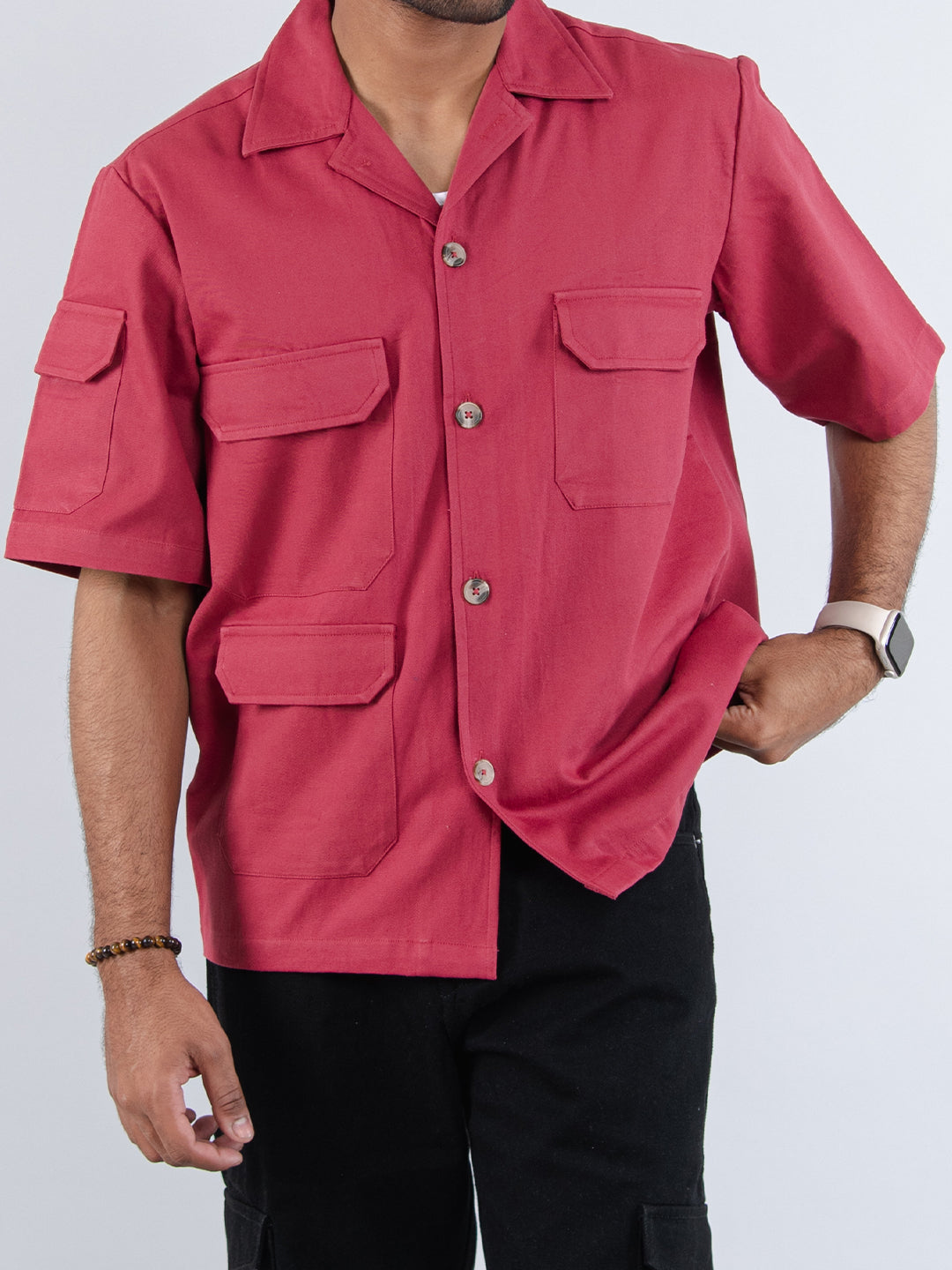 Red Maroon 4 Pockets Oversized Twill Cotton Half Sleeves Shirt