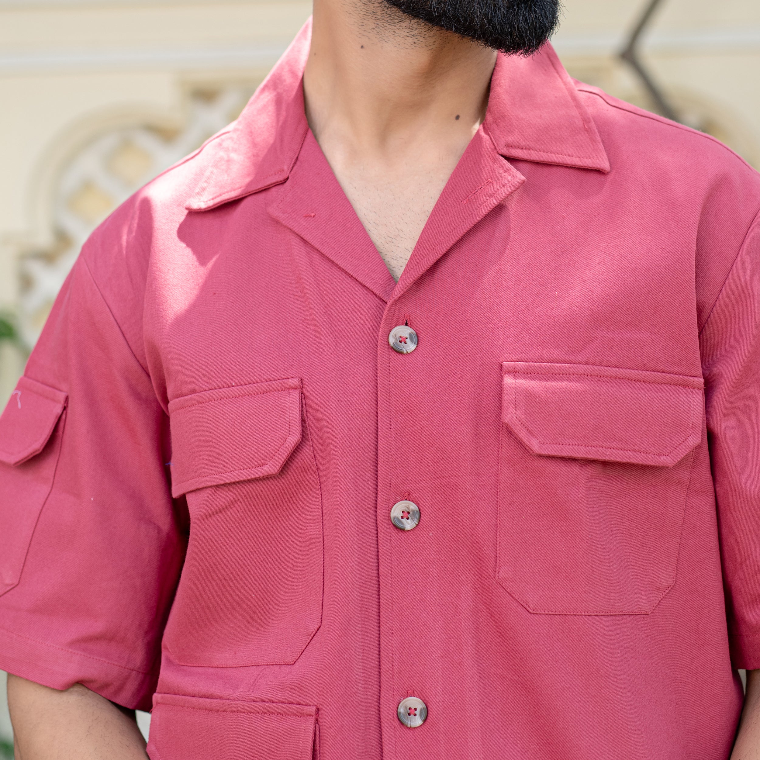 Red Maroon 4 Pockets Oversized Twill Cotton Half Sleeves Shirt