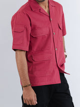 Red Maroon 4 Pockets Oversized Twill Cotton Half Sleeves Shirt