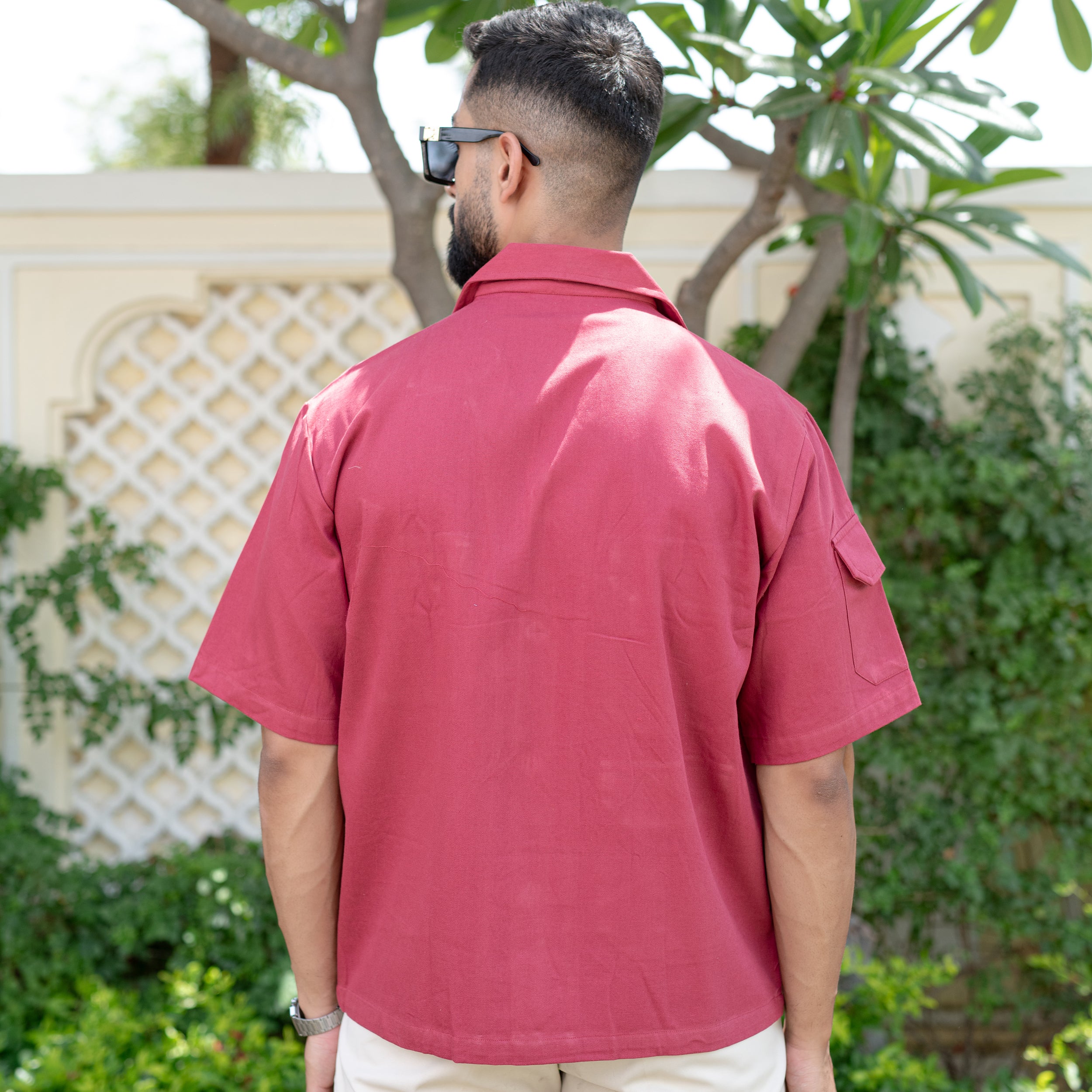 Red Maroon 4 Pockets Oversized Twill Cotton Half Sleeves Shirt