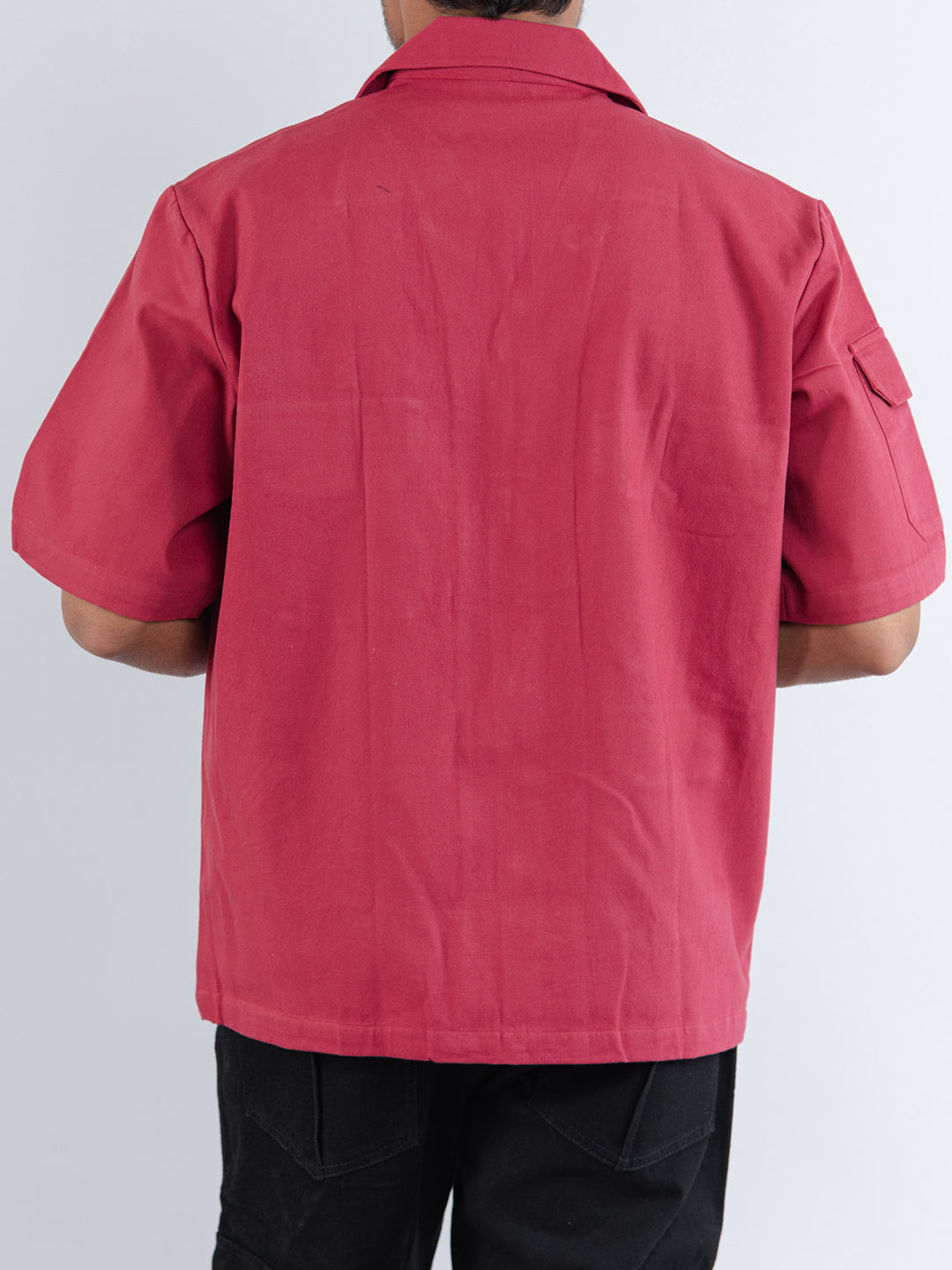 Red Maroon 4 Pockets Oversized Twill Cotton Half Sleeves Shirt