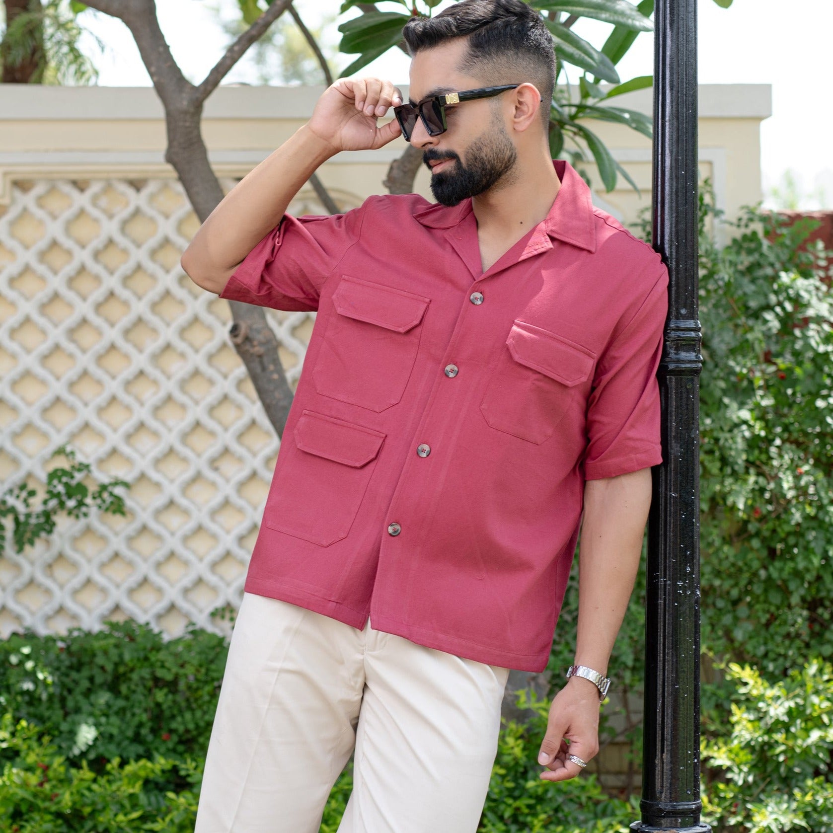 Red Maroon 4 Pockets Oversized Twill Cotton Half Sleeves Shirt