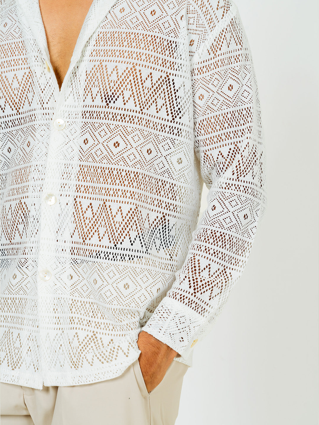 White Crochet Cotton Full Sleeves Print Shirt