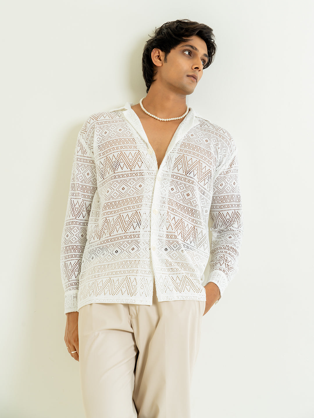 White Crochet Cotton Full Sleeves Print Shirt