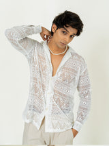 White Crochet Cotton Full Sleeves Print Shirt