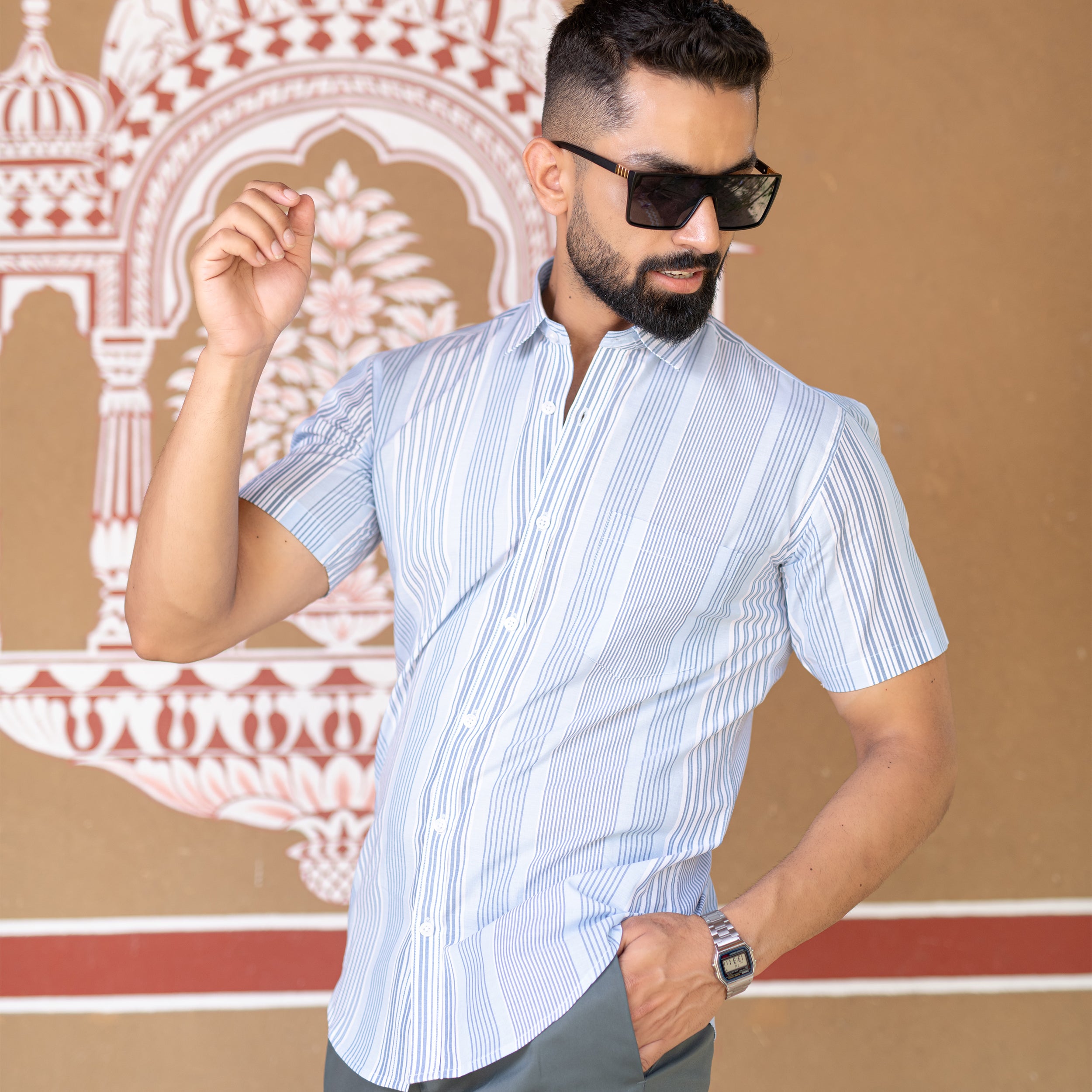 Light Blue Stripes 
Single Pocket 
Formal Shirt