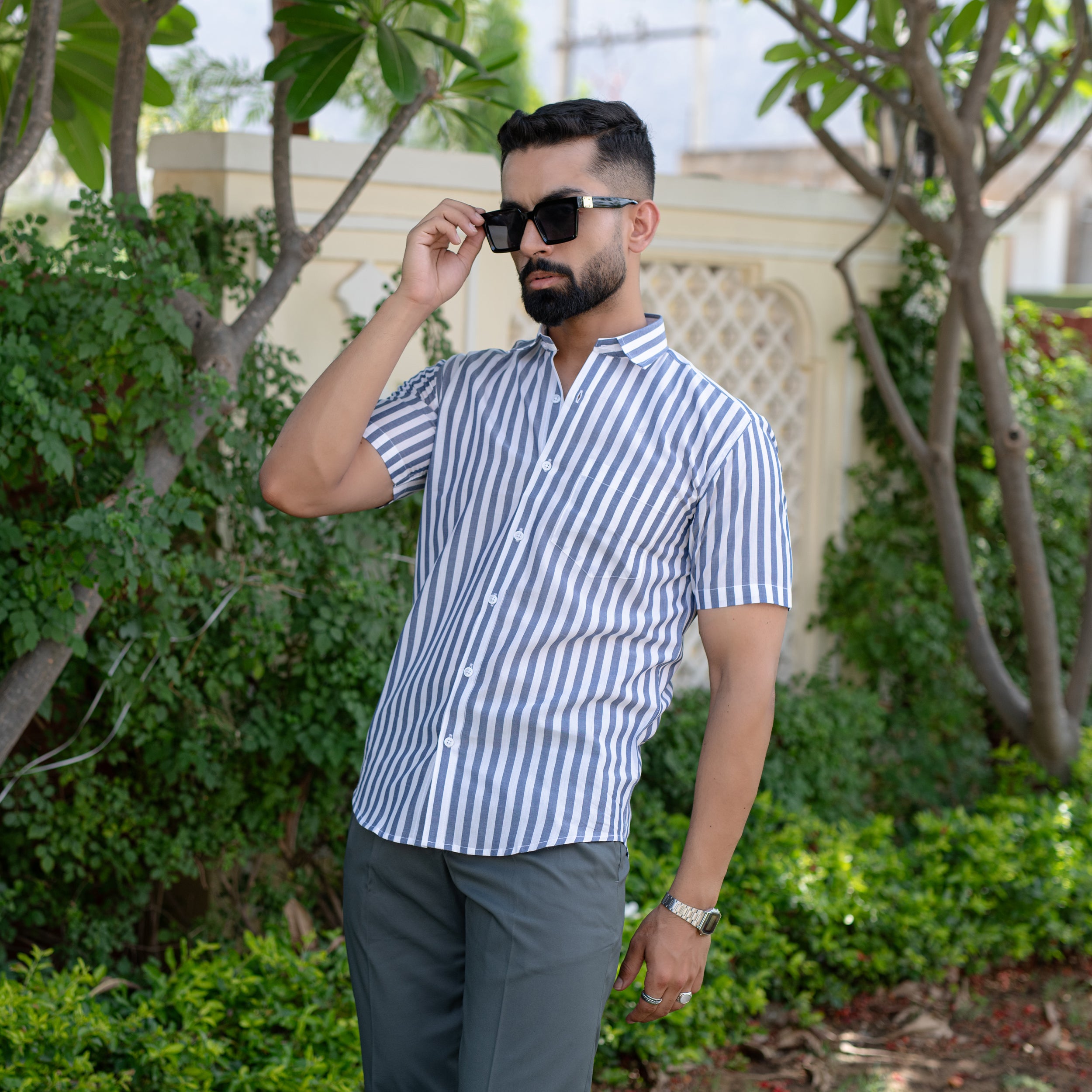 Navy Blue Stripes 
Single Pocket
Formal Shirt