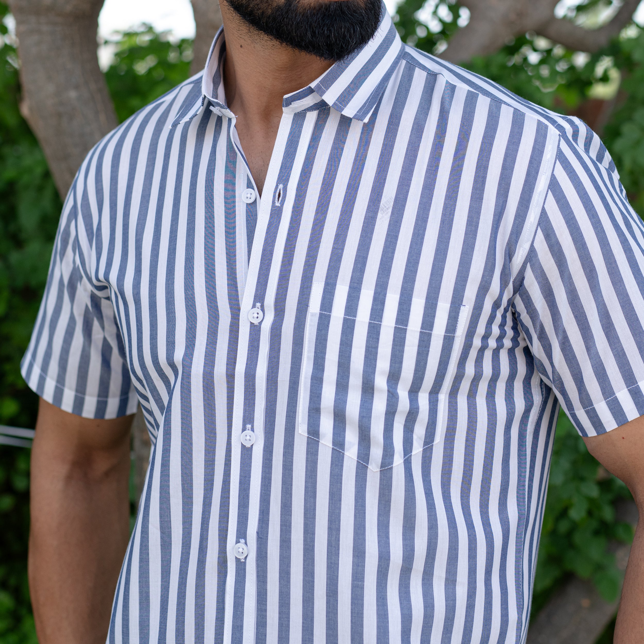 Navy Blue Stripes 
Single Pocket
Formal Shirt