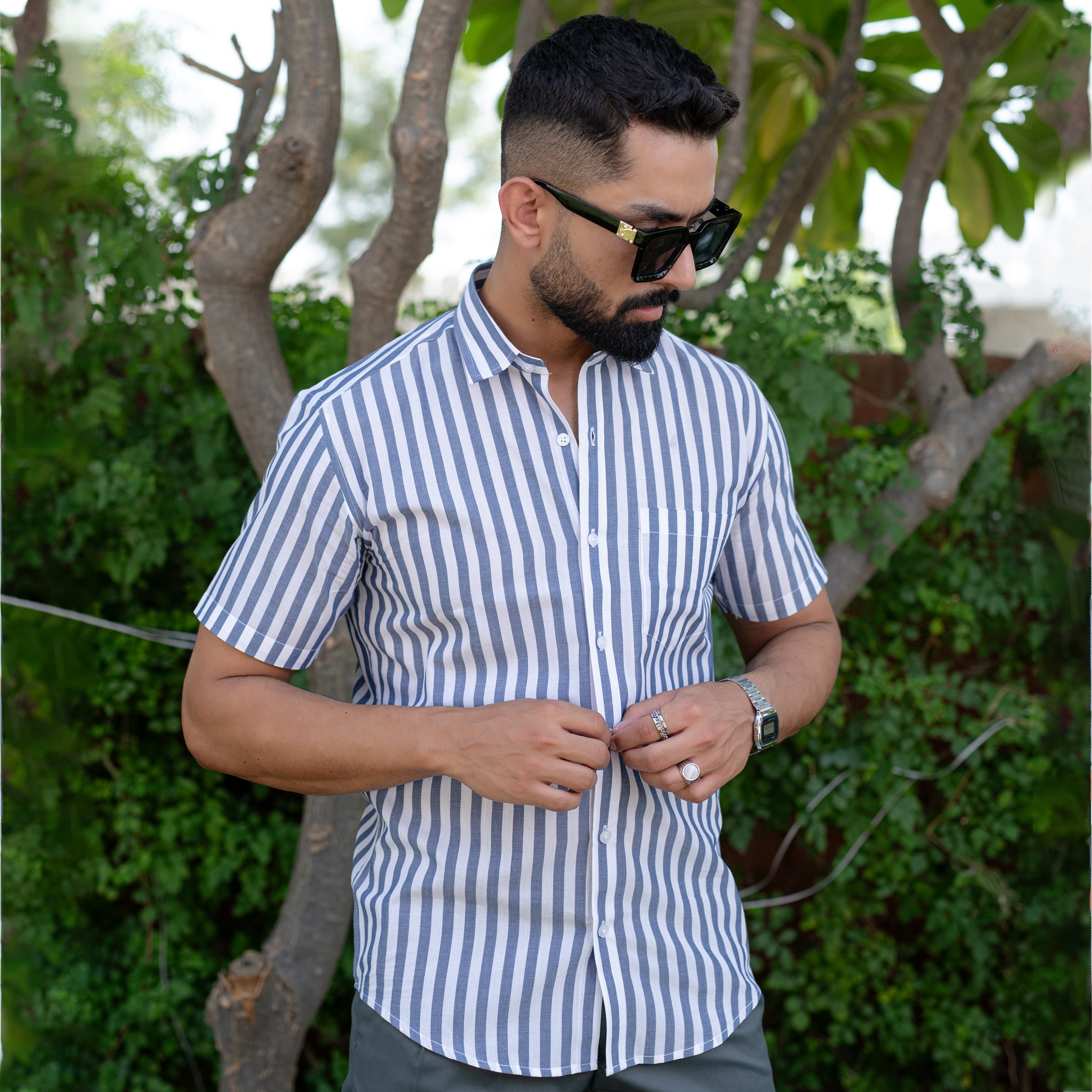 Navy Blue Stripes 
Single Pocket
Formal Shirt