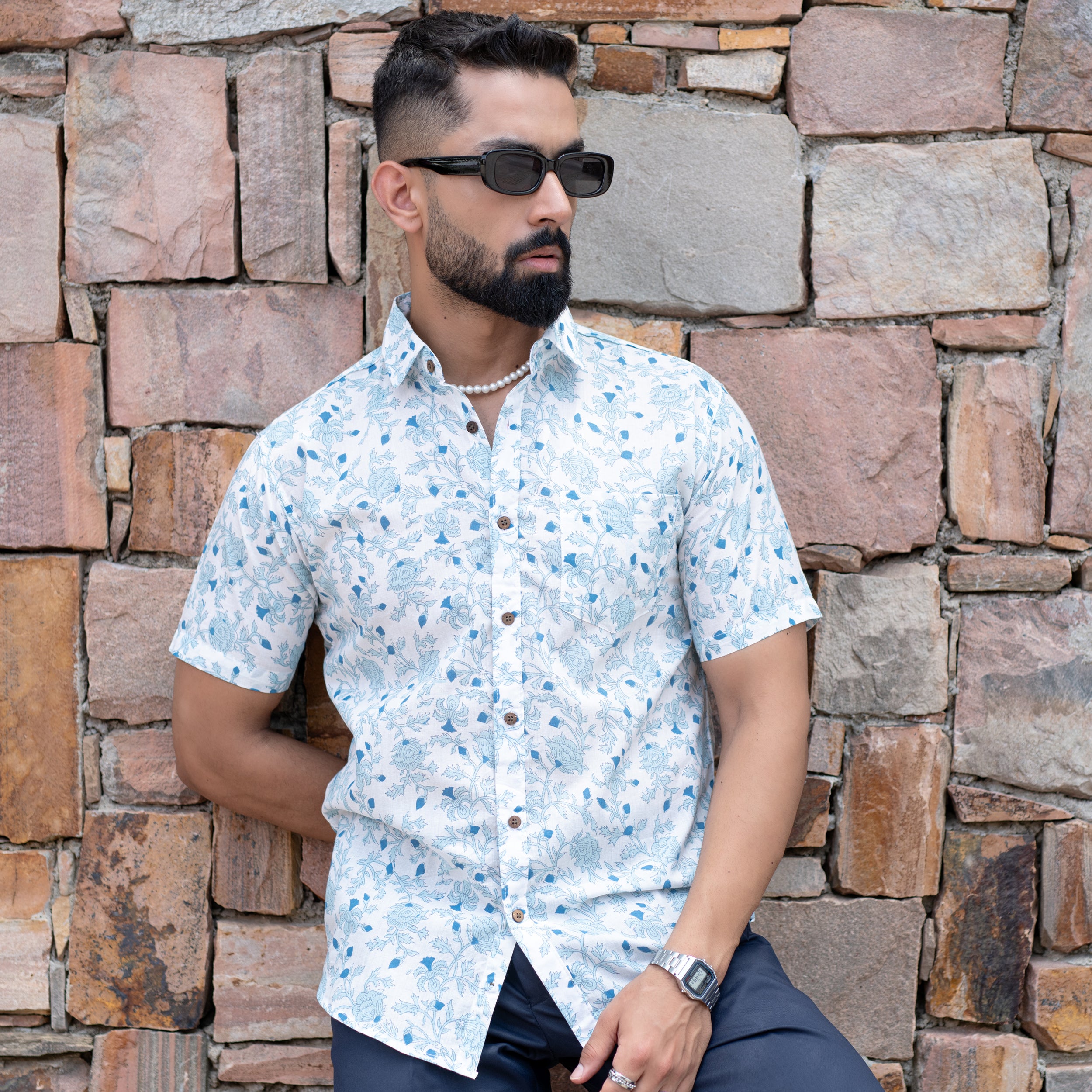 Sky Blue Floral Half Sleeve Printed shirt