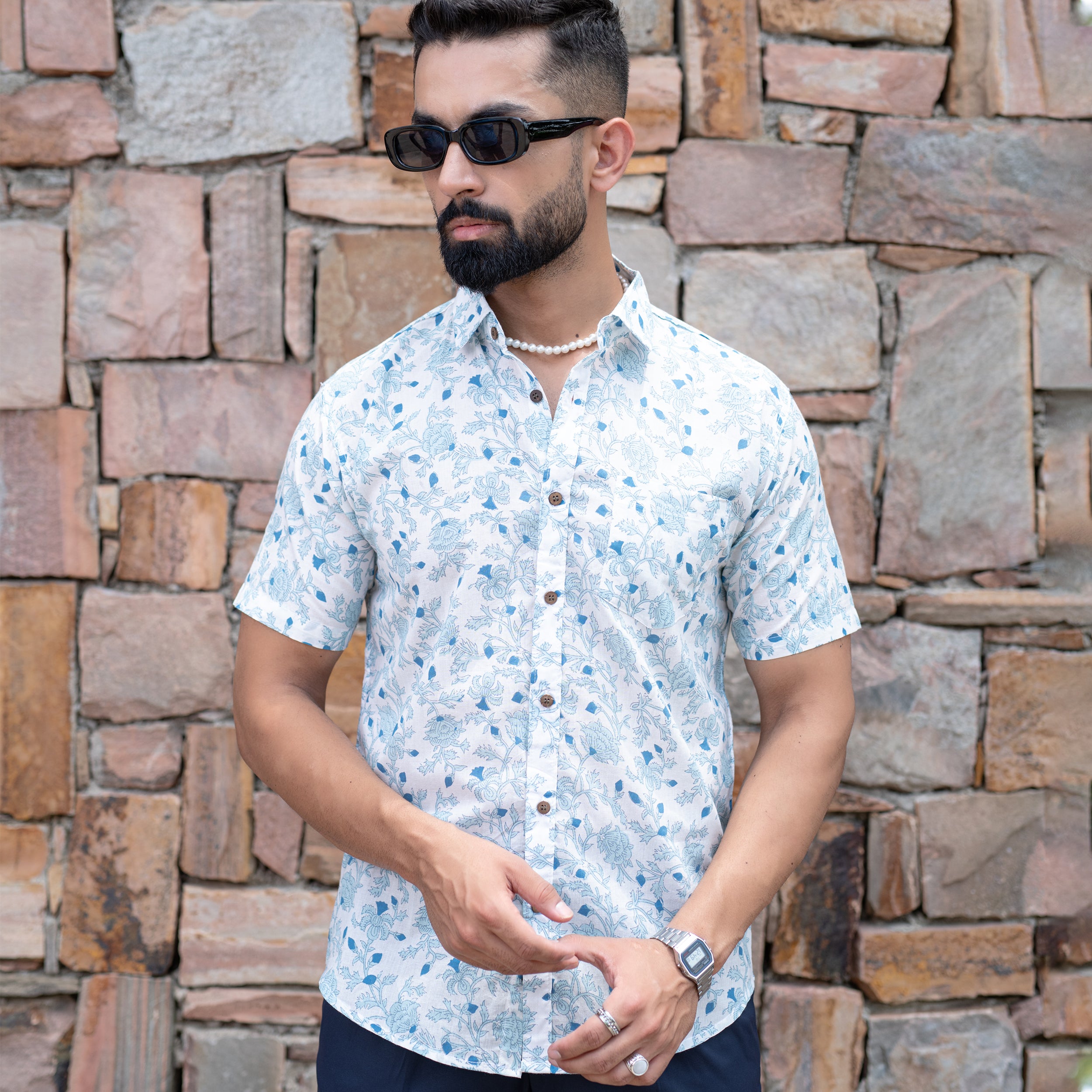 Sky Blue Floral Half Sleeve Printed shirt