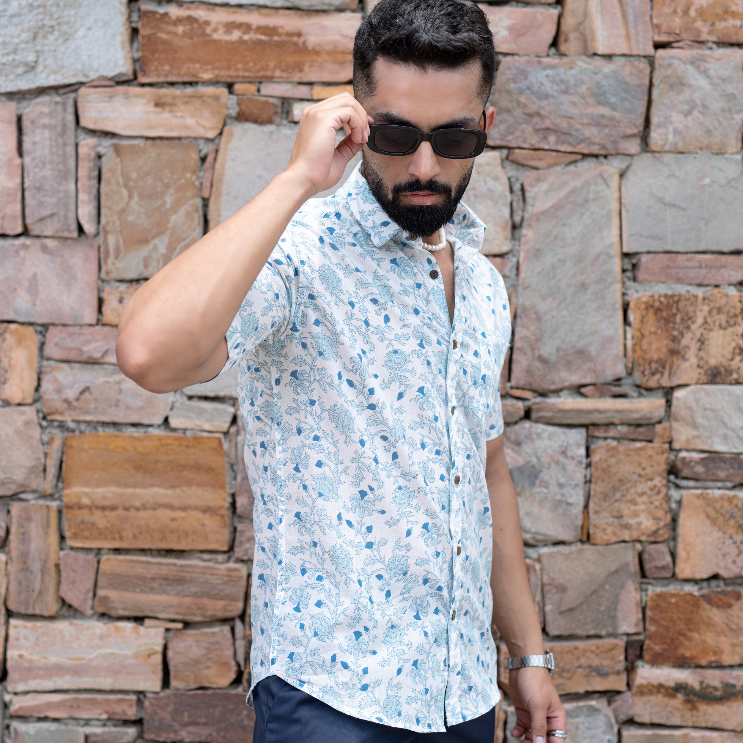 Sky Blue Floral Half Sleeve Printed shirt