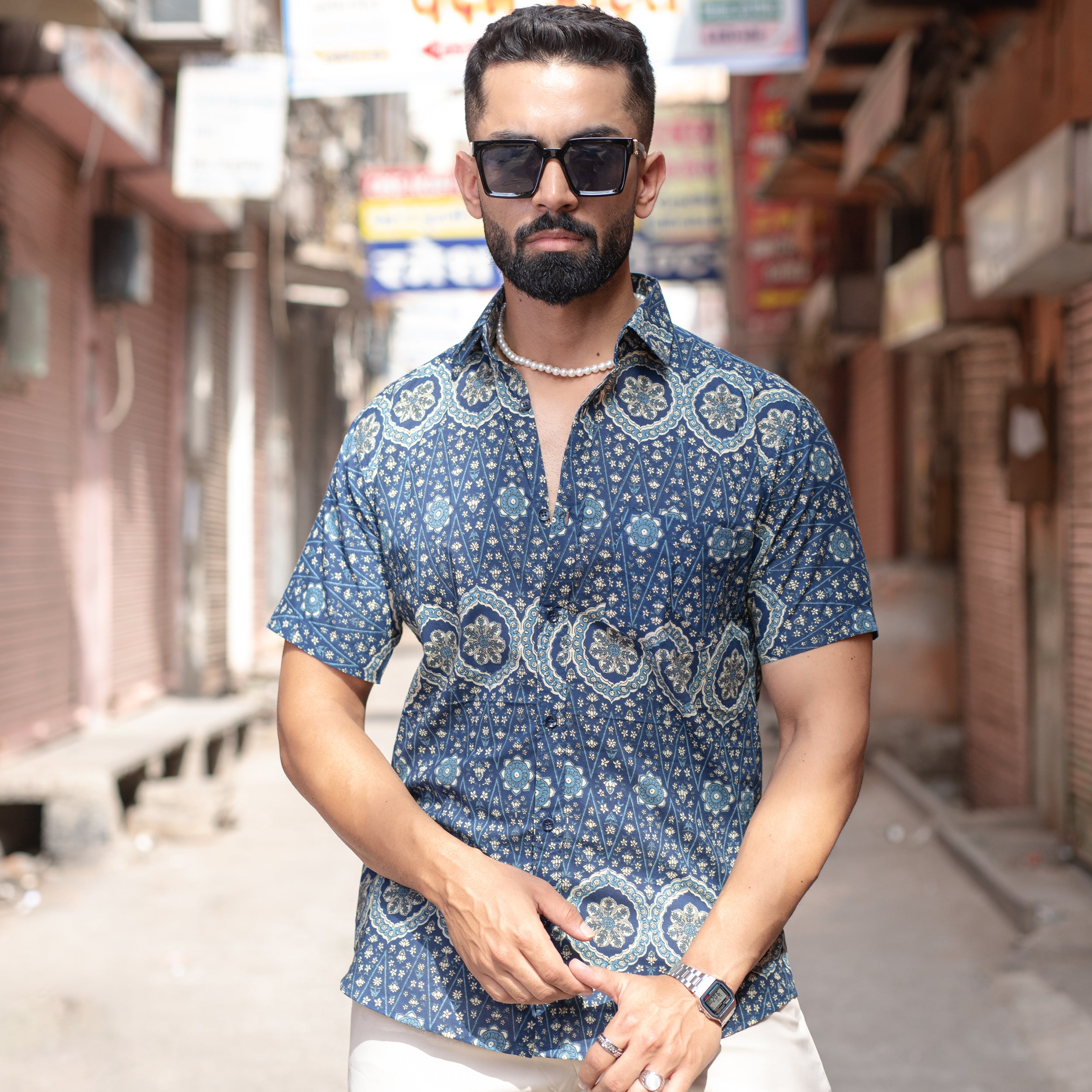 Dark Blue Floral Half Sleeve Printed shirt