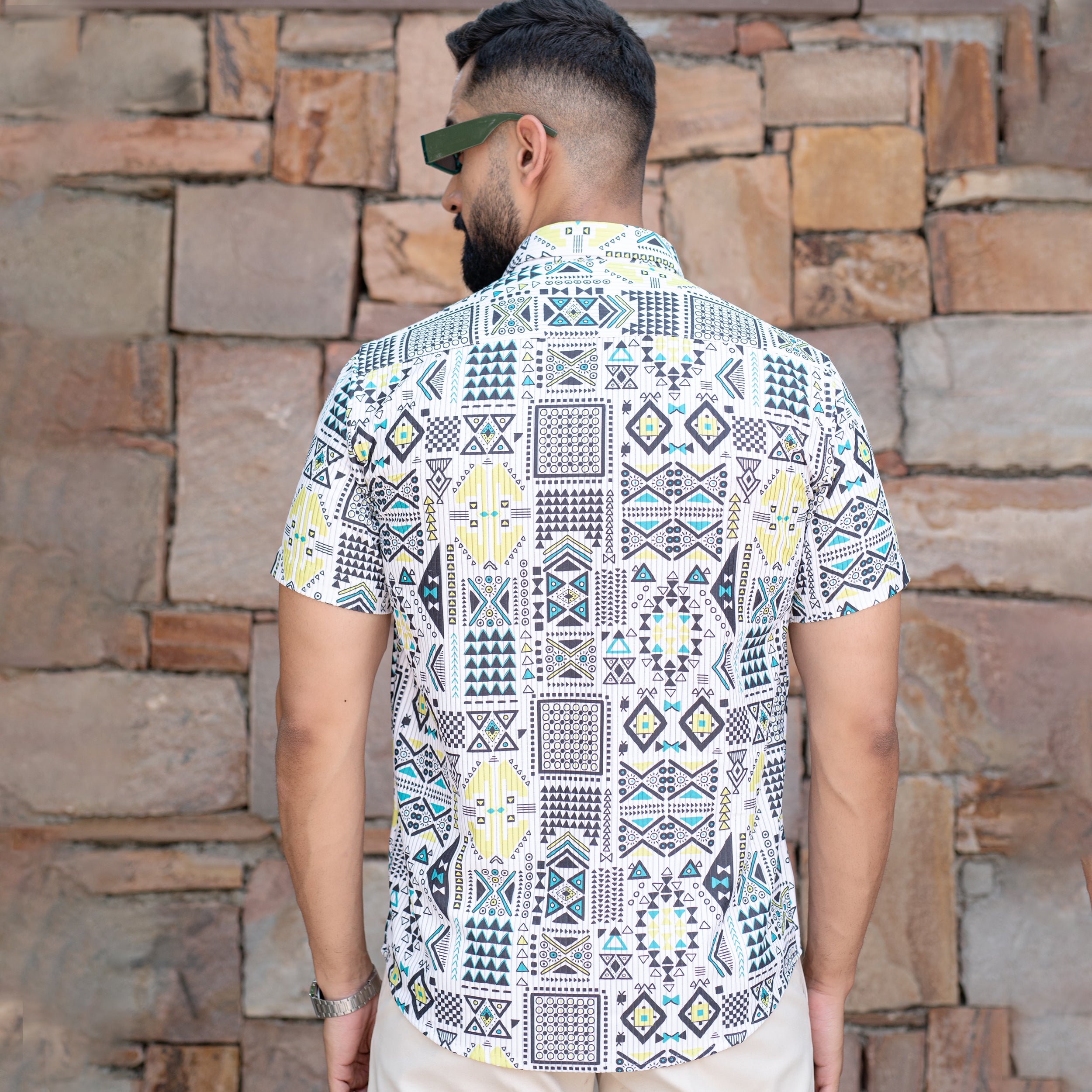 White Turkish Weave Half Sleeve  Printed Shirt