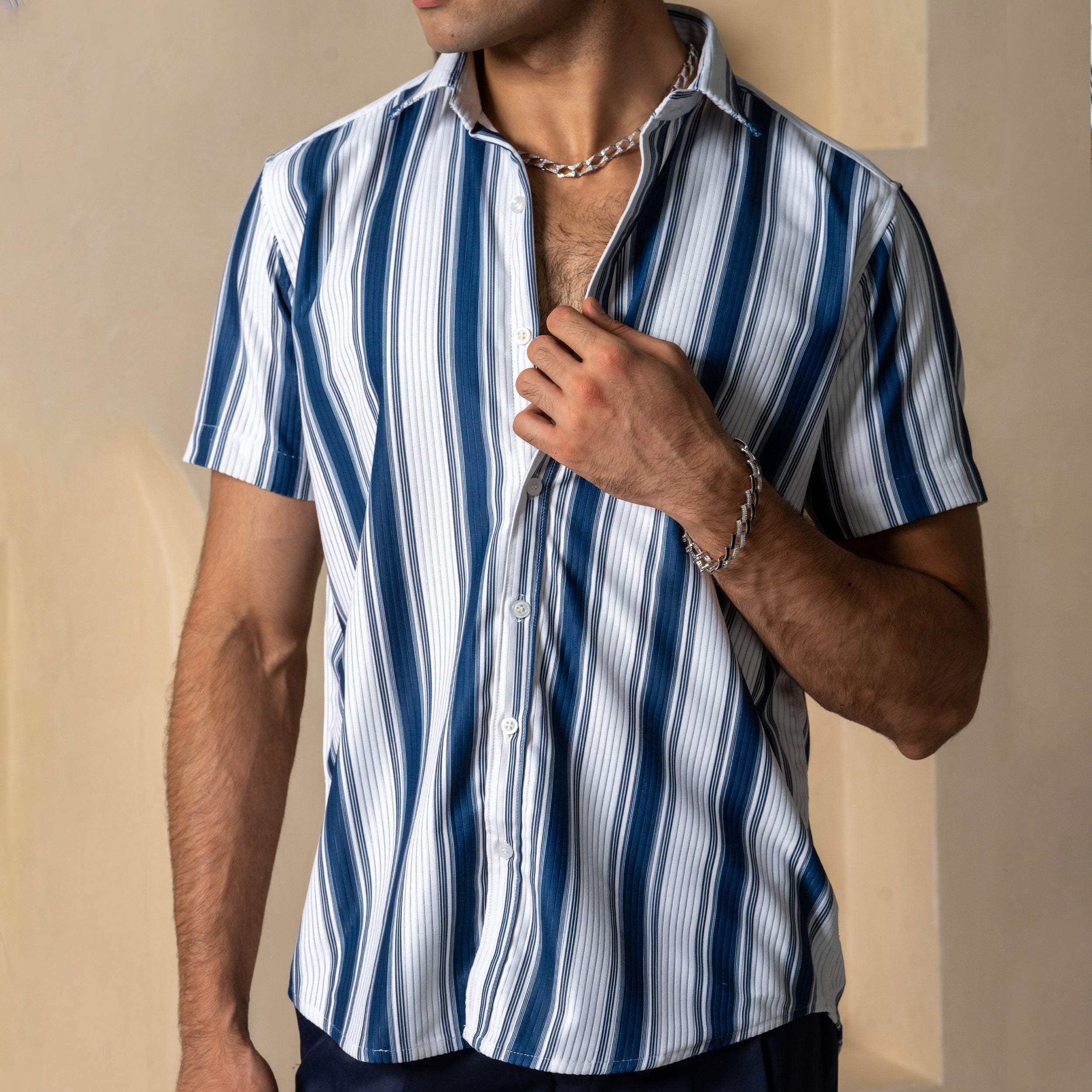 White Blue Vertical Lines Turkish Weave Half Sleeve Shirt