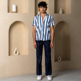 White Blue Vertical Lines Turkish Weave Half Sleeve Shirt