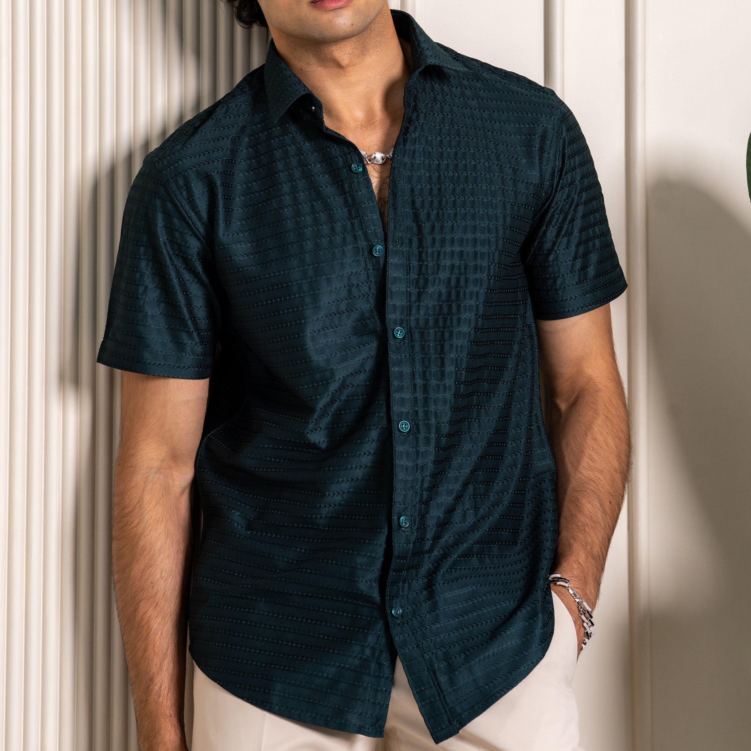 Teal Green Turkish Weave Half Sleeve Shirt