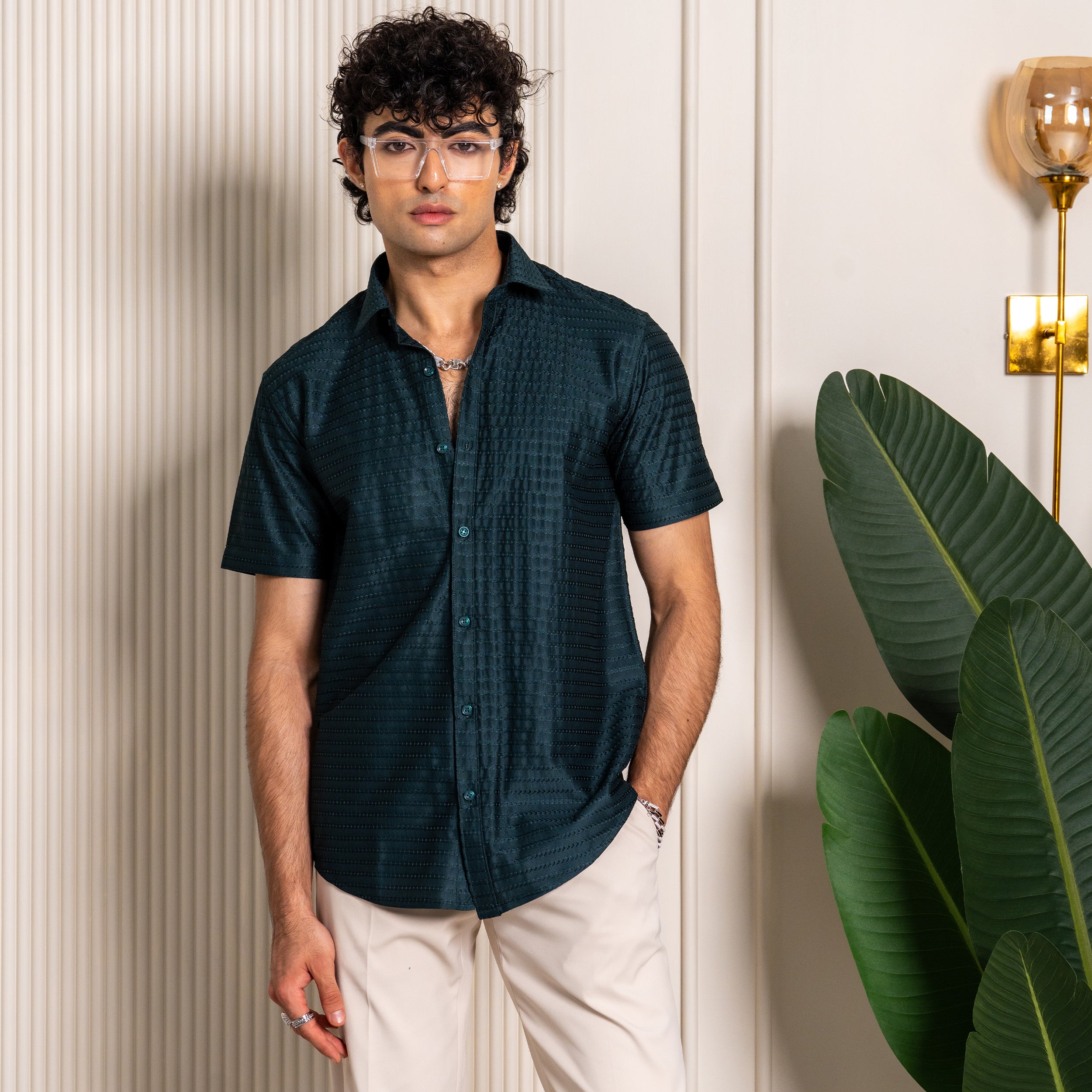 Teal Green Turkish Weave Half Sleeve Shirt