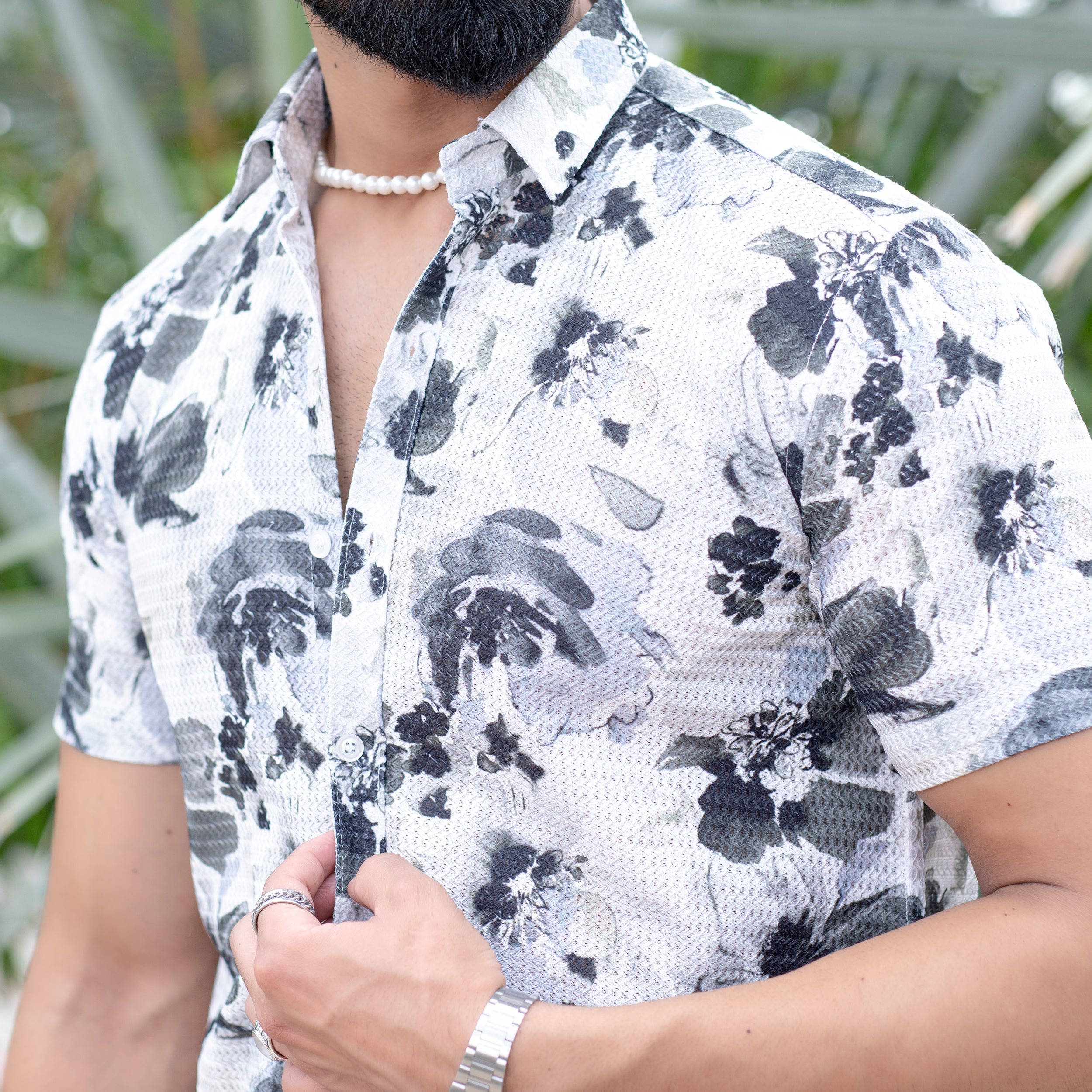 White Black Floral Print Turkish Weave Half Sleeve Shirt