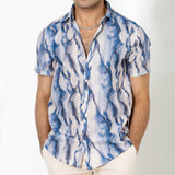 White Blue Marble Print Turkish Weave Half Sleeve Shirt