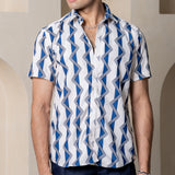 White Blue Zig Zag Print Turkish Weave Half Sleeve Shirt