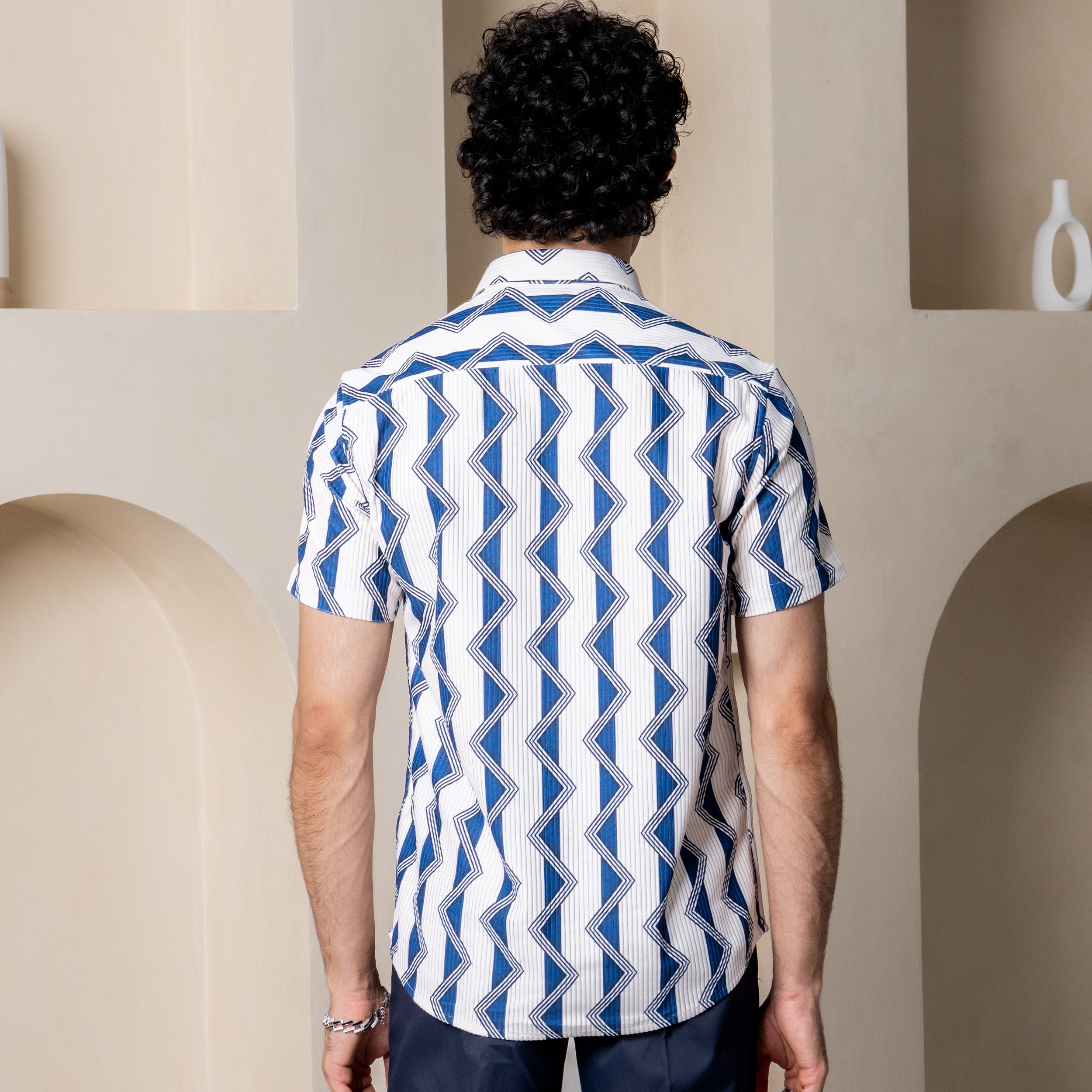 White Blue Zig Zag Print Turkish Weave Half Sleeve Shirt