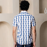 White Blue Zig Zag Print Turkish Weave Half Sleeve Shirt