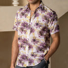 White Purple Floral Linen Blend Half Sleeve Printed Shirt