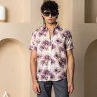 White Purple Floral Linen Blend Half Sleeve Printed Shirt