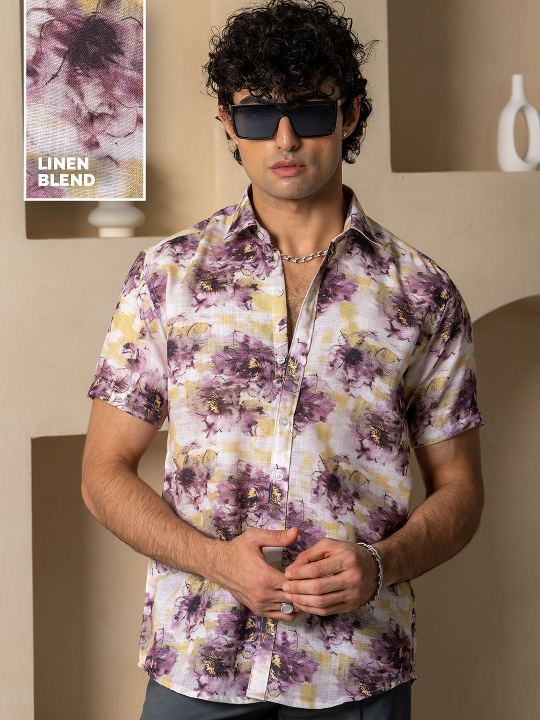 White Purple Floral Linen Blend Half Sleeve Printed Shirt