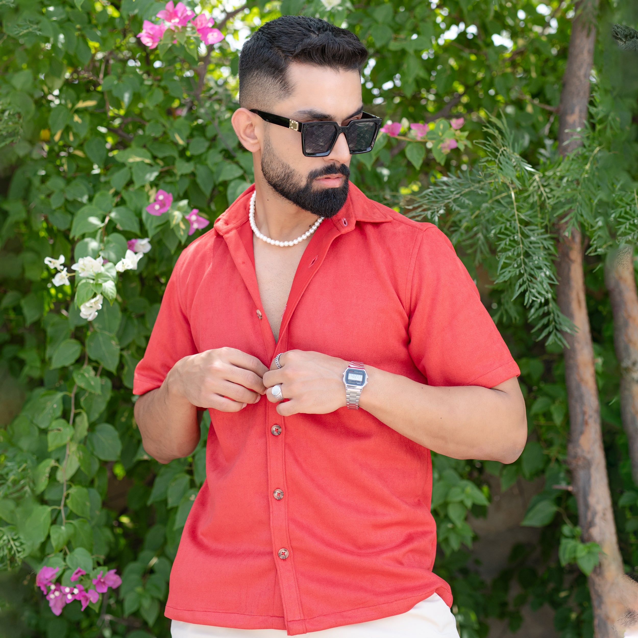 Crismson red Suede Oversize half sleeves shirt