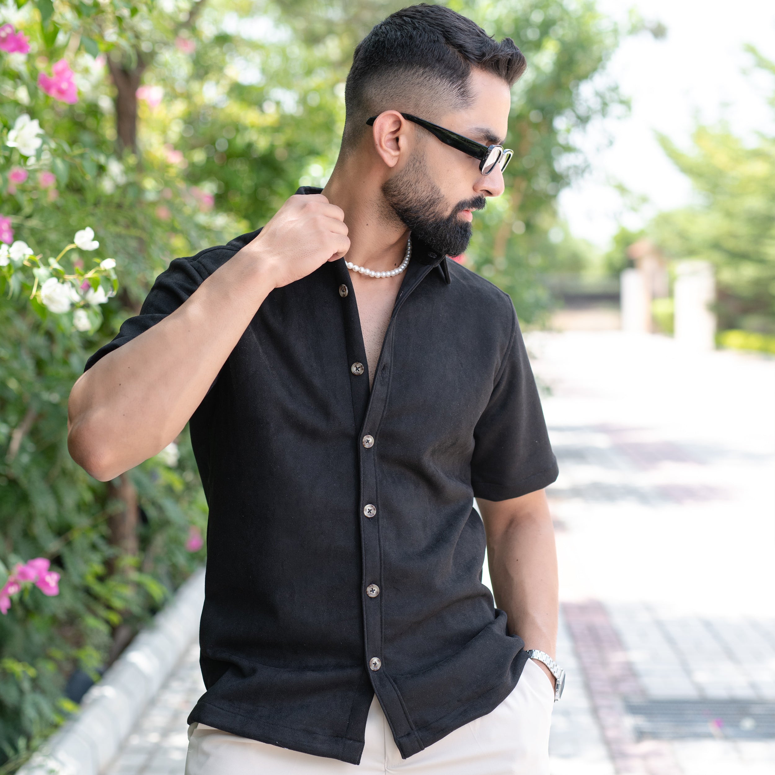 Black Suede Oversize half sleeves shirt