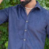 Navy blue Suede Oversize half sleeves shirt