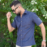 Navy blue Suede Oversize half sleeves shirt